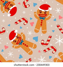 Seamless holiday background with Christmas gingerbread and sweets