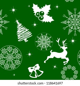 Seamless holiday background: Christmas tree with bell and deer
