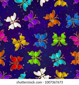 Seamless Holiday Background with Colorful Magic Butterflies, Tile Pattern for Your Design. Eps10, Contains Transparencies. Vector