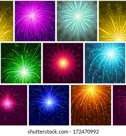 Seamless holiday background with fireworks of various colors and shapes. Pattern for web design, split into separate parts. Eps10, contains transparencies. Vector