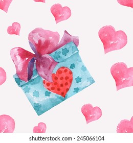 Seamless holiday background with gifts and  hearts on Valentines day. Vector  Illustration.