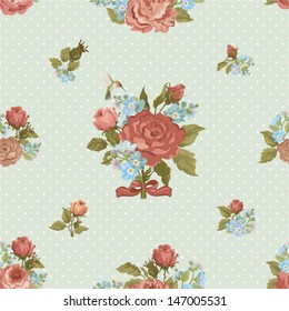 Seamless holiday background with roses and forget me not in vintage style.