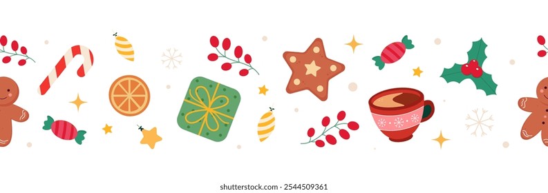 Seamless holiday border with Christmas symbols. Cute and colorful vector pattern on transparent background.Ginger cookie, gifts, orange etc. Festive ribbon,  edge.