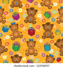 Seamless holiday cartoon background: teddy bears, gift boxes and flowers. Vector