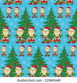 Seamless holiday Christmas background: cartoon child elves with gift boxes near fir tree. Vector