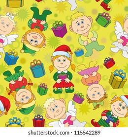 Seamless holiday Christmas cartoon background: boys and girls elves and angels with gift boxes.