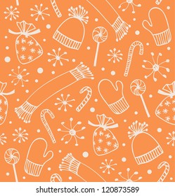 Seamless holiday Christmas pattern. Orange decorative backdrop with caps, scarfs, mittens and lollipops, sugarplums. Cartoon design for craft papers, textile, web pages, prints