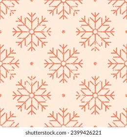 Seamless holiday Christmas pattern. Orange snowflakes on light background. Vintage grunge texture. New Year vector background. For printing on paper or fabric. Xmas illustration in boho style.