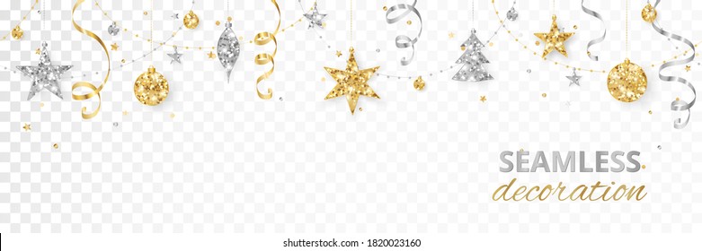 Seamless holiday decoration. Christmas glitter border. Festive vector background isolated on white. Gold and silver ornaments, garland with stars. For Christmas and New Year banners, headers.