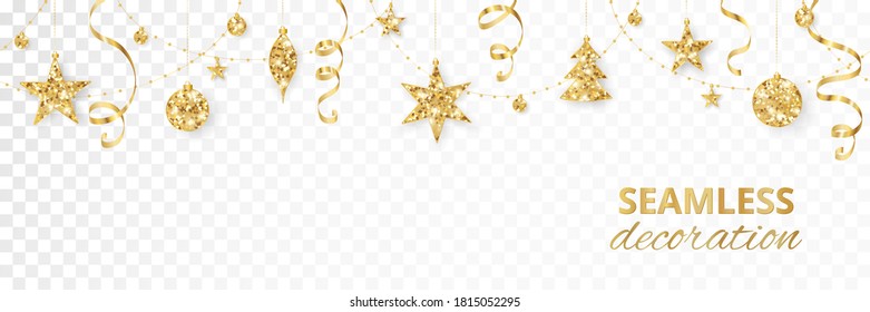 Nahtlose Feriendekoration. Weihnachten goldene glitzernde Grenze. Festlicher Vektorhintergrund einzeln auf Weiß. Goldene Ornamente, Garland mit Sternen. Für Weihnachts- und Neujahrsbanner, Header.