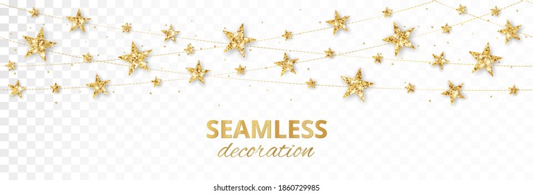 Seamless Holiday Decoration. Christmas Golden Glitter Frame. Festive Vector Background Isolated On White. Gold Ornaments, Stars Garland.For New Year Banners, Headers, Birthday Or Wedding Party Posters