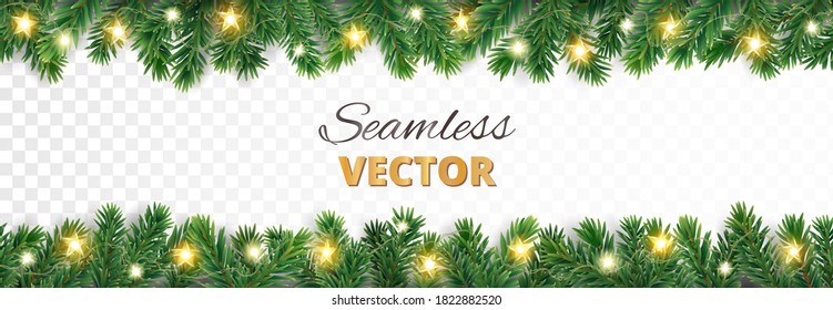 Seamless holiday decoration. Christmas tree border with lights garland. Festive frame isolated on white. Celebration vector background. For winter season banners, New Year headers, party posters.