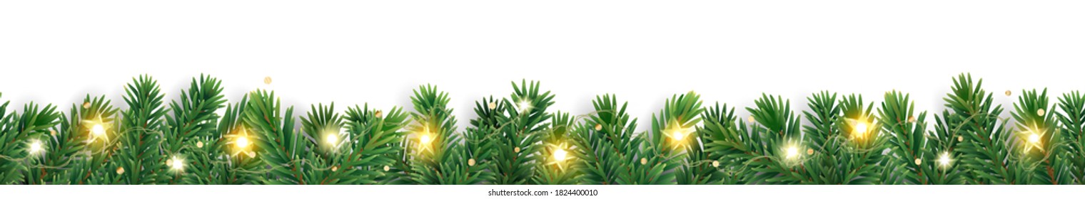 Seamless Holiday Decoration. Christmas Tree Border With Lights Garland. Festive Frame Isolated On White. Celebration Vector Background. For Winter Season Banners, New Year Headers, Party Posters.