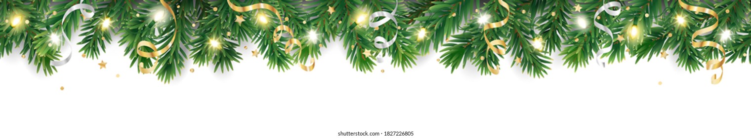 Seamless Holiday Decoration. Christmas Tree Border With Lights Garland. Festive Frame Isolated On White. Celebration Vector Background. For Winter Season Banners, New Year Headers, Party Posters.