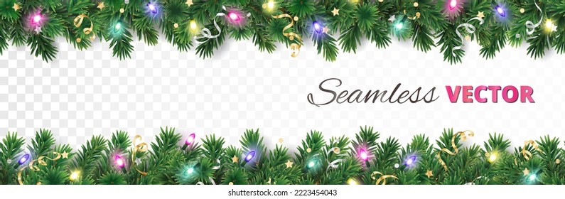 Seamless holiday decoration. Christmas tree border with lights garland. Festive frame isolated on white. Celebration vector background. For winter season banners, New Year headers, party posters.