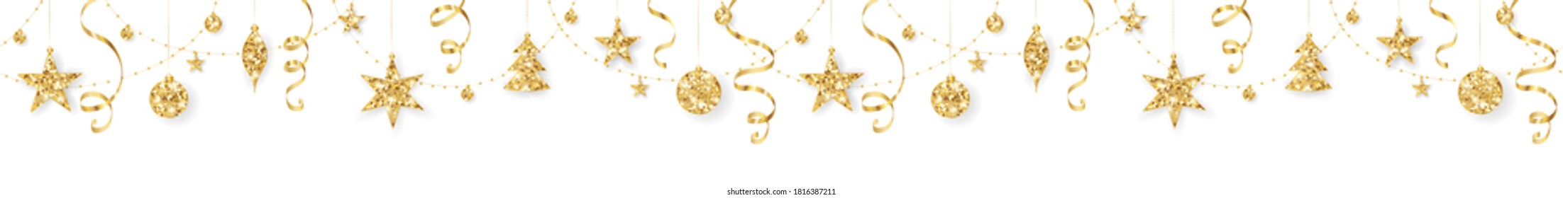 Seamless holiday decorations. Christmas golden glitter border. Festive vector background isolated on white. Gold ornaments, garland with stars. For Christmas, New Year banners, headers, party posters.