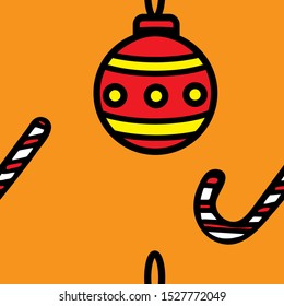 Seamless holiday design elements: Christmas tree decorations and caramel sticks, on an orange background. New Year concept. Vector illustration
