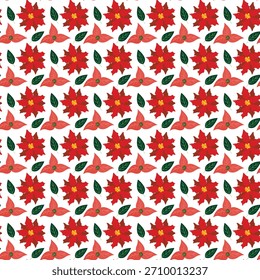 A seamless holiday floral pattern featuring red poinsettia blossoms, pink flowers, and green leaves. Perfect for festive wrapping paper, textiles, wallpapers, and seasonal marketing materials.