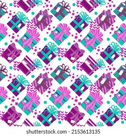 Seamless holiday gift box pattern with different prints and bows. Christmas, birthday, holiday. In fashionable bright colors.  