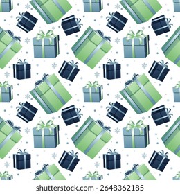 Seamless Holiday Gift Boxes Pattern Green and Blue Presents with Ribbons on White Background
