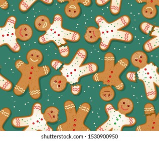 Seamless Holiday gingerbread man pattern. Cute design for Christmas backgrounds, wrapping paper. Holiday baking theme.