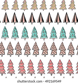 Seamless Holiday hand drawn pattern with colorful christmas trees on white background. Vector Illustration