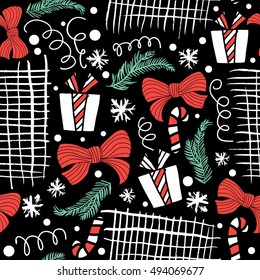 Seamless Holiday hand drawn pattern with gift, christmas trees. Vector Illustration