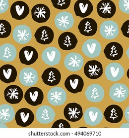 Seamless Holiday hand drawn pattern with snowflakes,hearts, christmas trees. Vector Illustration