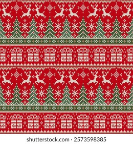 Seamless Holiday Knit Fabric with Scandinavian Motifs. Traditional Christmas Design with Reindeer, Trees, Snowflakes and Geometric Patterns in Red and Green. Nordic Knit Texture. Vector illustration.