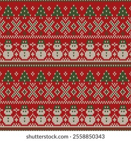 Seamless Holiday Knit Texture or Christmas Knitted Pattern with Snowmen and Pine Trees in Red and Green.Festive Winter Sweater Design Featuring Nordic Motifs.Traditional Scandinavian Knitted Patte.