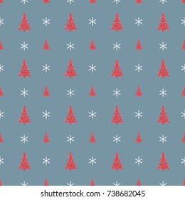 Seamless holiday layout of red trees in two sizes and soft gray-blue snowflakes over a muted blue background. Great for gift wrap, seasonal crafts, and winter print projects.