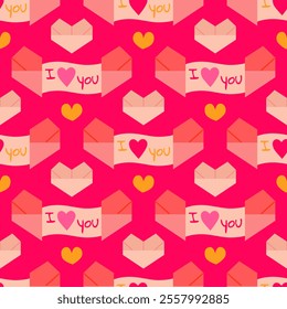 Seamless holiday origami hearts pattern, a message of love. Valentine's day, all lovers day. Flat vector illustration.