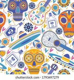 Seamless holiday pattern - All Dead Mexico Day. Holiday symbols.