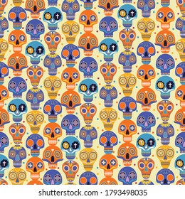 Seamless holiday pattern - All Dead in Mexico, consisting of multi-colored human skulls decorated with ornaments