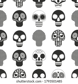 Seamless holiday pattern - All Dead in Mexico, consisting of black and white human skulls decorated with ornaments