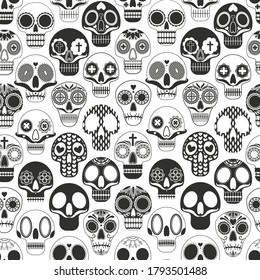 Seamless holiday pattern - All Dead in Mexico, consisting of black and white human skulls decorated with ornaments