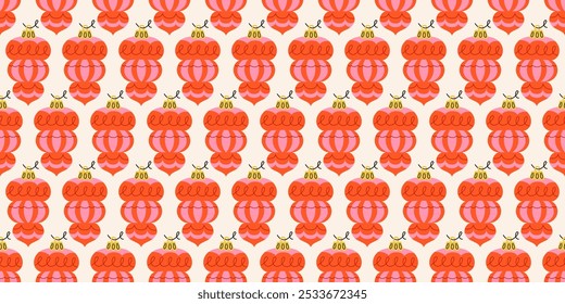 Seamless holiday pattern with baubles in red and pink colors. New year joys, with traditional ornaments. Winter season wallpaper background. Retro print for fabric, wrapping paper, fabric, or cards.