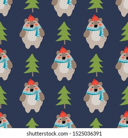 Seamless holiday pattern with bears in a hat and scarf with Christmas trees on a blue background. Vector illustration.