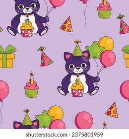 Seamless holiday pattern. Birthday. Cute cat in a festive hat with a cupcake, gifts and balloons. Vector graphic.