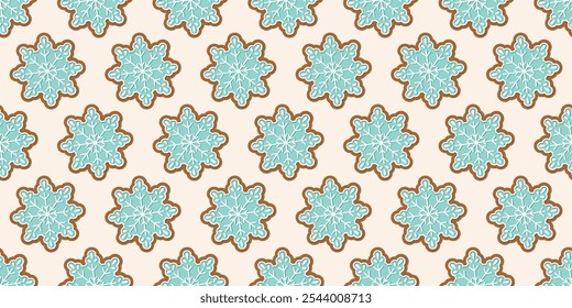 Seamless holiday pattern with blue snowflake gingerbread cookies with white icing on a light background. Perfect for festive wrapping paper, holiday decor, or seasonal backdrops. New Year, Noel, Xmas.