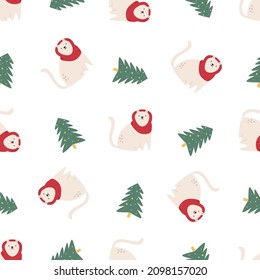 Seamless holiday pattern with a cat in scarf and Christmas tree. Festive wallpaper, backdrop
