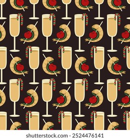 Seamless holiday pattern. Champagne glass with appetizers on dark background. Suitable for textile, gift wrap, wallpaper, wrapping paper, card, cover, postcard.