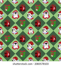 Patrón de vacaciones sin problemas. Pingüinos alegres con sombreros y regalos de color rojo. Ornamento geométrico en colores navideños. Adecuado para el embalaje y los textiles.
