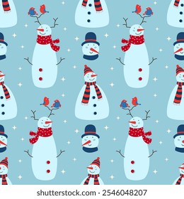 Seamless holiday pattern with cheerful snowmen. Vector illustration for seasonal winter holidays, greeting card, wrapping paper, cover, background. Christmas and New Year.