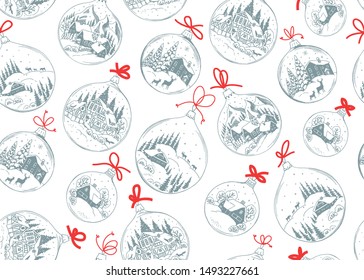 Seamless holiday pattern with Christmas balls and red bows, vector illustration with drawing landscape, houses and animals in vintage style.