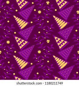 Seamless holiday pattern with Christmas decorations from snowflake, spruces and twigs. Vector illustration for season greeting cards, posters,wrapping paper.