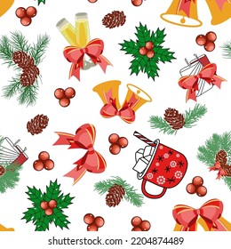Patrón de vacaciones sin inconvenientes con decoraciones navideñas, tazas de chocolate caliente, conos, arcos, velas y campanas 