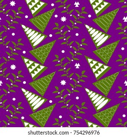 Seamless holiday pattern with Christmas decorations from snowflake, spruces and twigs.Vector illustration for season greeting cards, posters, advertisement, wrapping paper.