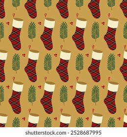 Seamless holiday pattern of Christmas stocking stuffers for gifts. Vector illustration for wrapping paper, textile, flyer, poster, scrapbooking, cover.