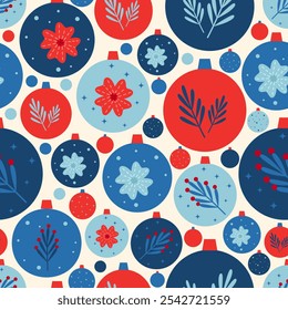 Seamless holiday pattern with Christmas tree ornaments. Vector illustration for greeting card, cover, wrapping paper, textile, background design.